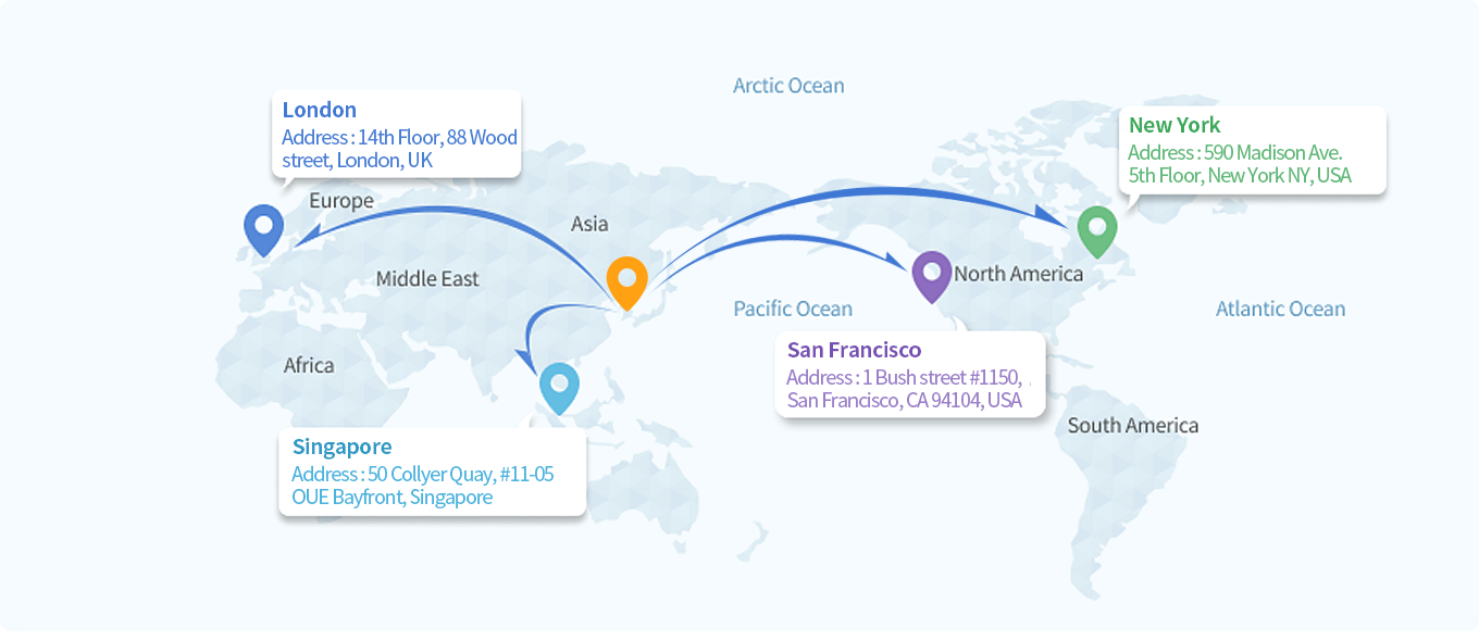 London-Address : EC2V 7AJ 14th Floor, 88 Wood street,
								London, UK  Tel: +44 (0)20-7796-9191~9194. *New York-Address : 590 Madison Ave. 5th Floor, New York NY, USA,
								*Singapore Office :50 Collyer Quay, #11-05 OUE Bayfront, Singapore